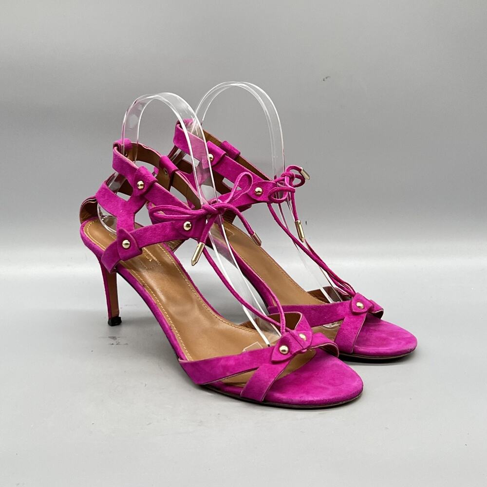 Aquazzura Sandals Womens 9.5 Pink Suede Strappy Lace Up Studded Heel Open Toe - Picture 2 of 11